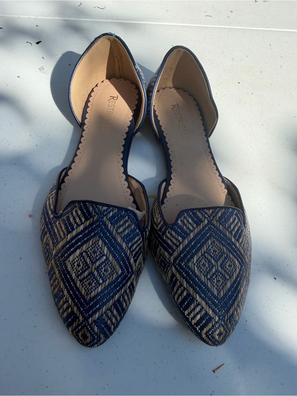 Restricted Navy & Beige Pointed D'Orsay Flats with Geometric Weave NWOT